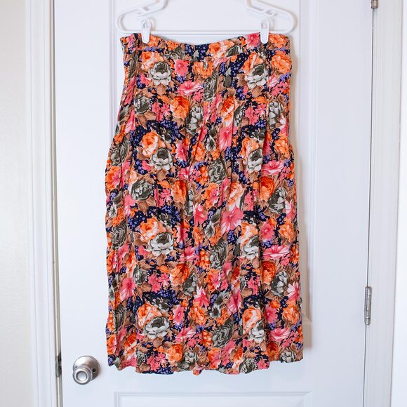 Floral Midi Skirt Pockets Hunters Run Pink Orange Cottagecore M | True Spring - Picture 2 of 8